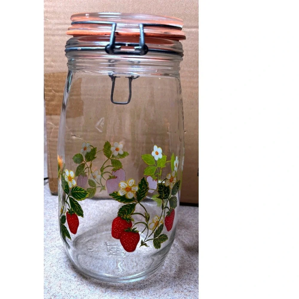 Arc France Strawberry Glass Canister 1.5L Clear Good Vintage Swing Top Jar